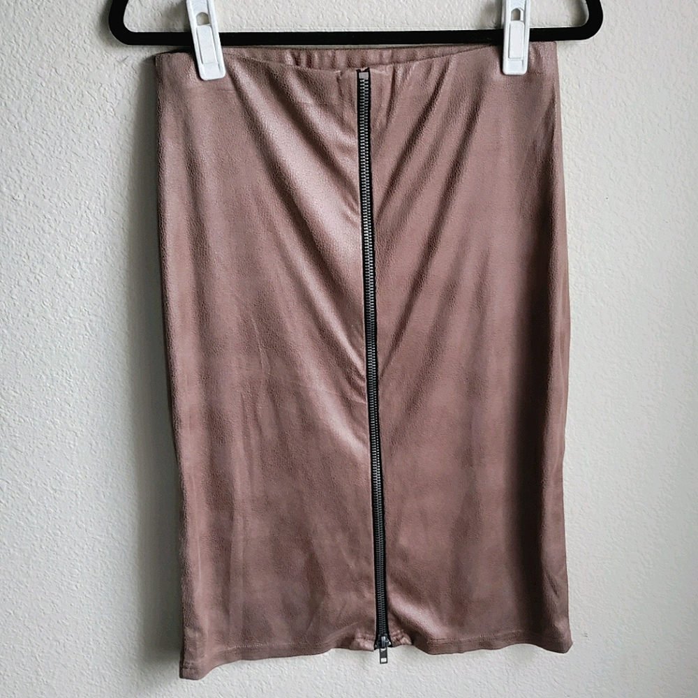 Lena Gabrielle Tan Exposed Zipper Midi Skirt